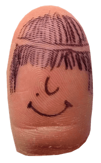 Thumb with long hair and big lips drawn on.